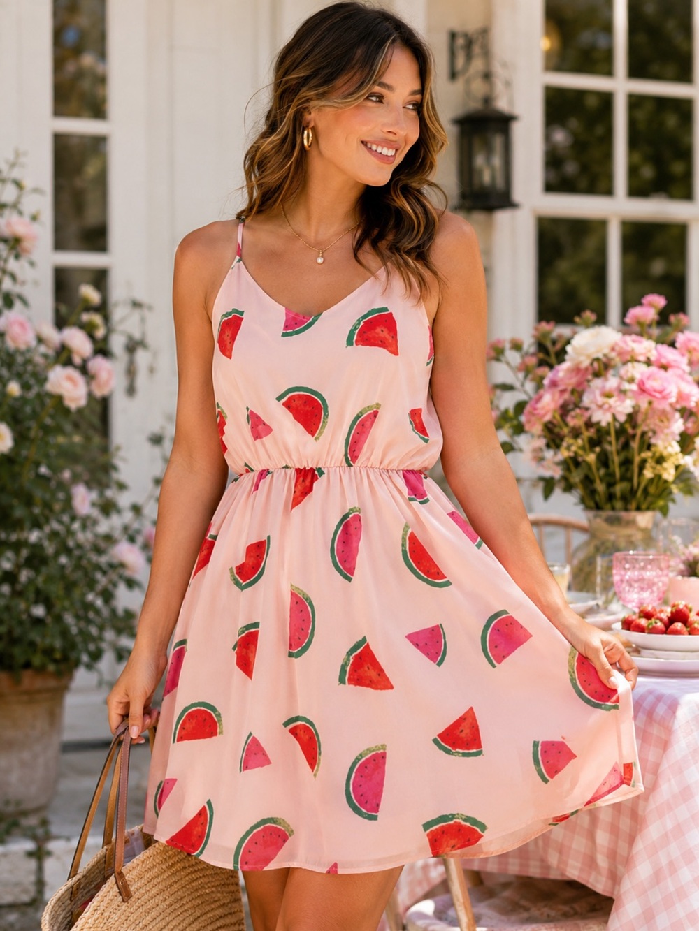 Everly Watermelon Print Pink Sundress Mini Dress Small Picnic Summer